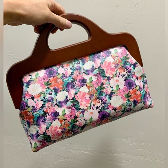 Handmade Genuine Leather Floral Print Large Wooden Frame Bag & 2 Strap Styles - Picture 3 of 15